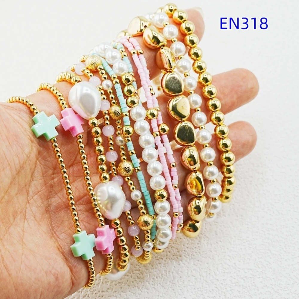 YEEVAA 13Pcs Bohemian Beaded Stackable Bracelets for Women, Colorful Cross Pearl Gold Bead Stretch Bracelet Set Jewelry Gift