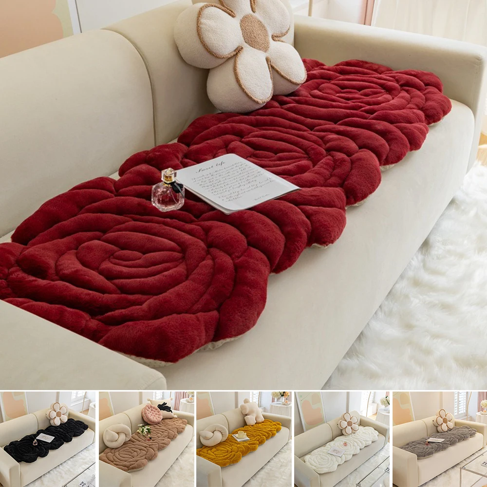 1PC Rose Flower Sofa Seat Cushion Plush Bay Window Cushion Thickened Velvet Tatami Couch Bench Long Cushion Floor Mat Rugs