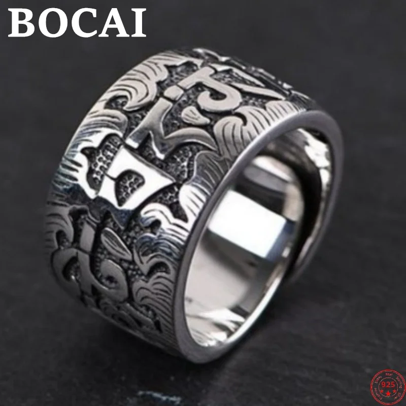 BOCAI S925 Sterling Silver Rings for Women Men New Fashion Retro Six Syllable Mantra Wide Adjustable Argentum Jewelry