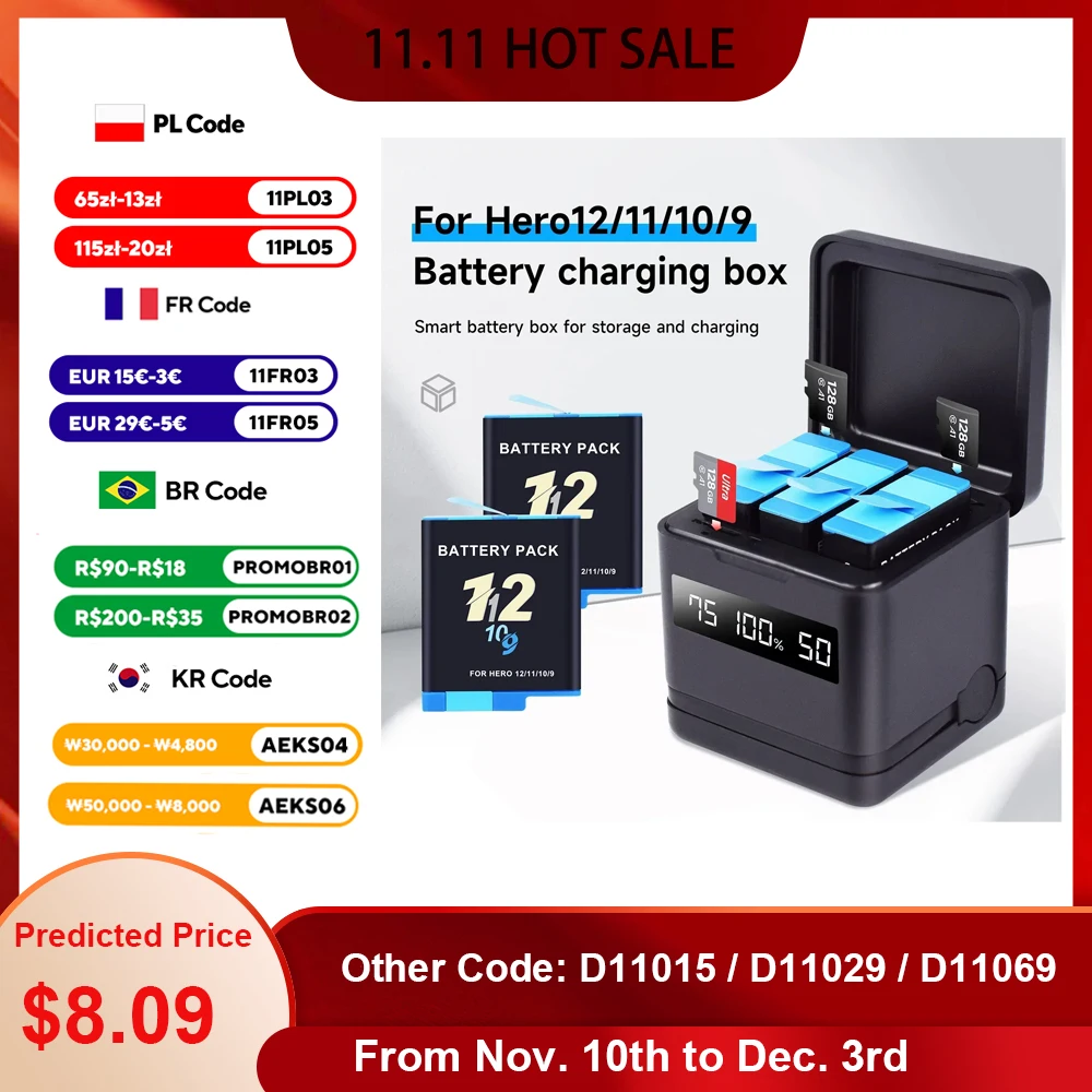 

Аккумулятор PALO для камеры GoPro Hero 10 Go Pro 11 9 2000 мАч Аккумуляторы с 3 слотами USB-зарядное устройство для gopro hero 12 Black Bateria