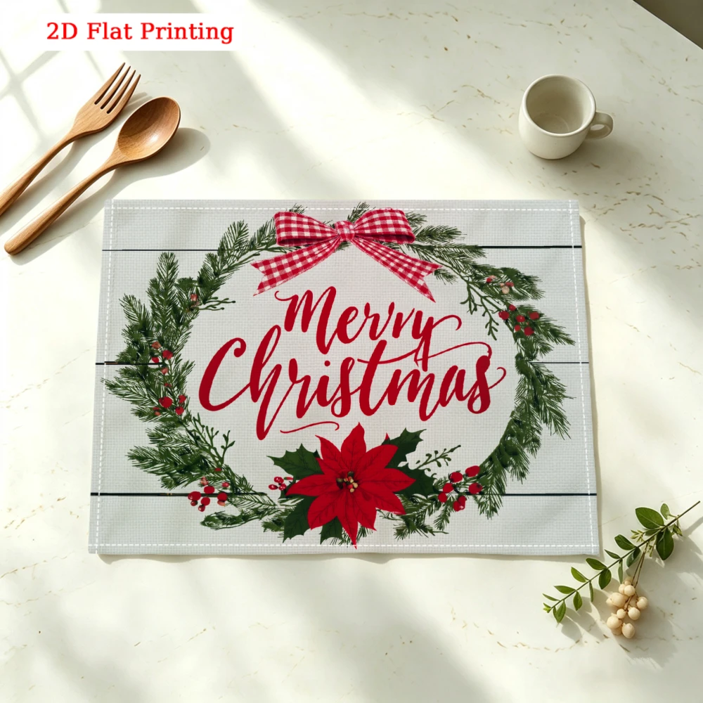 Merry Christmas Wreath With Bow Kitchen Placemat Coaster Linen Pad Dish Coffee Cup Table Mat 30x40cm Home Decor