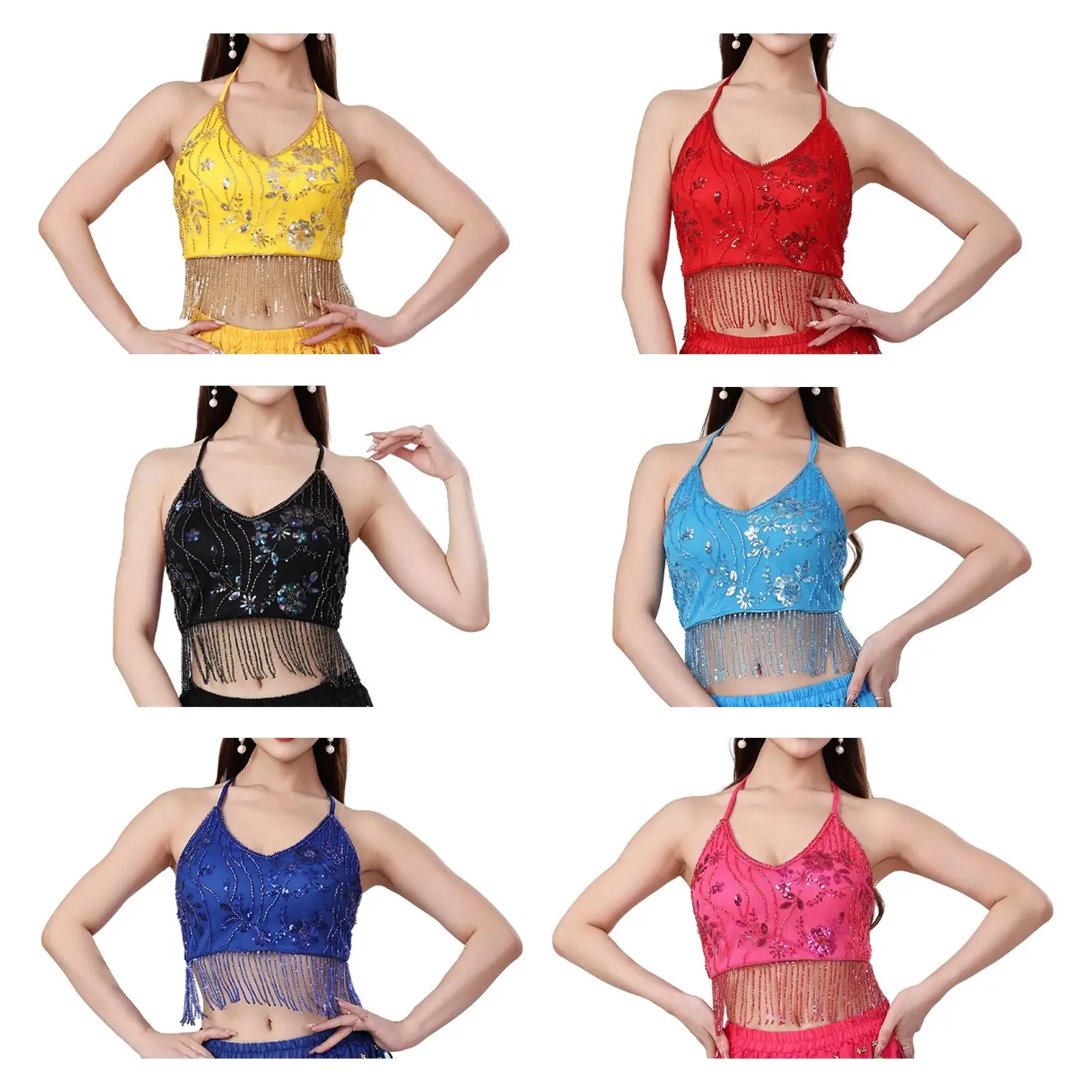 Buikdans kwastje crop top buikdans kostuum pailletten, professioneel, feestkostuum, opvallende dames glitter top met veters