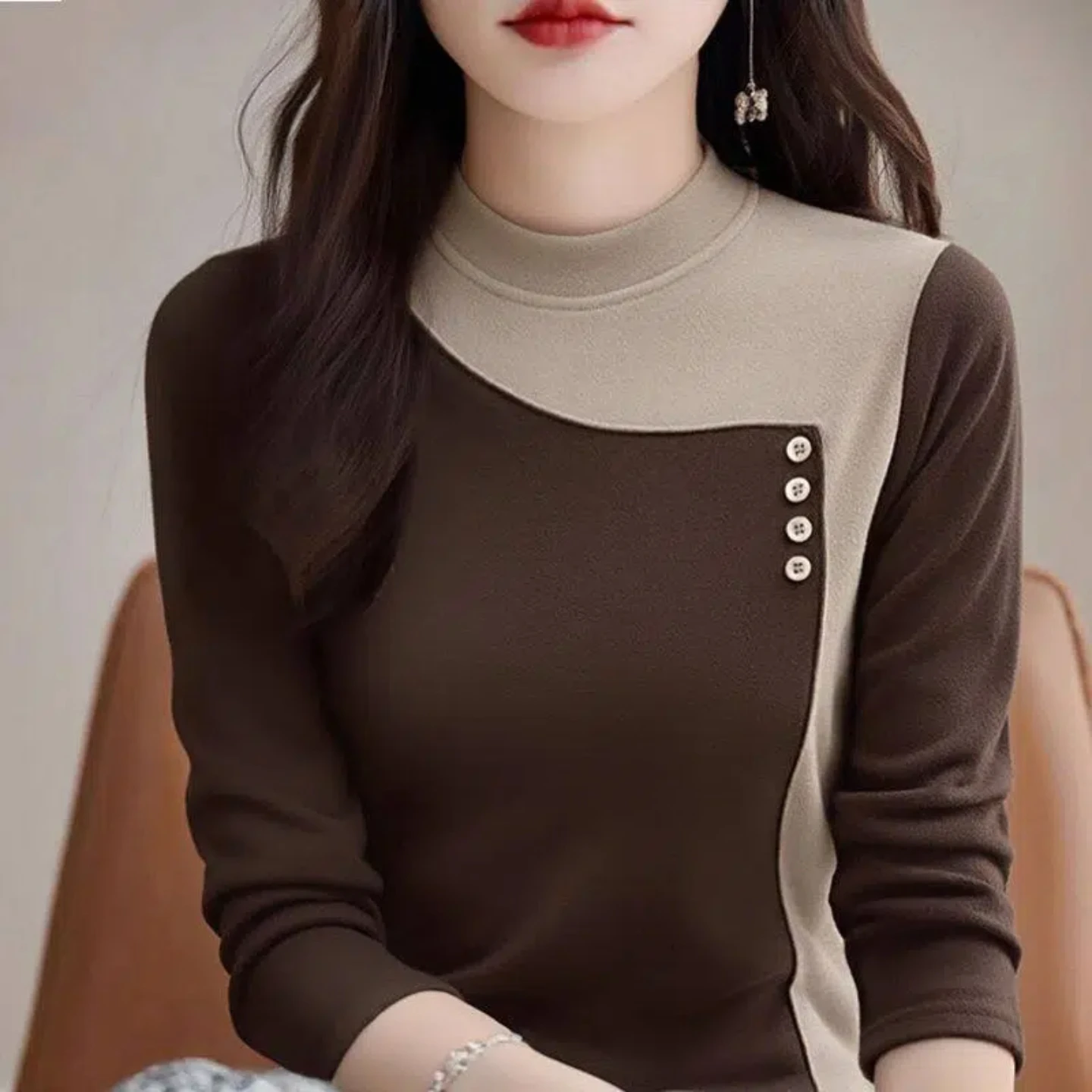 Fashionable Double-Sided Velvet Long Sleeve Half-High Collar Contrast Color Trendy Base Shirt Outerwear T-Shirt Elegant Top