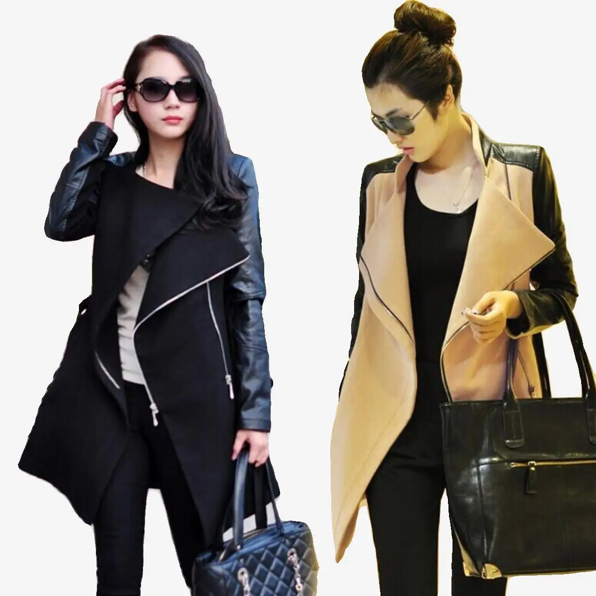 เสื้อโค้ทหนังแบบมีแผงขนาดใหญ่ ปี 2023  ผ้าขนสัตว์  กันลม  สำหรับผู้หญิง  ทรงธุรกิจ  แขนยาว  ซิป  เสื้อแจ็คเก็ต  เสื้อโค้ทยาวปานกลาง