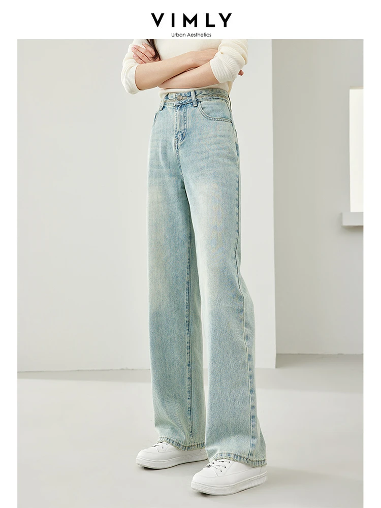 Vimly High Waist Straight Jeans Women 2024 Spring Retro Light Blue Full Length Wide Leg Denim Pant Woman Casual Trousers 72786