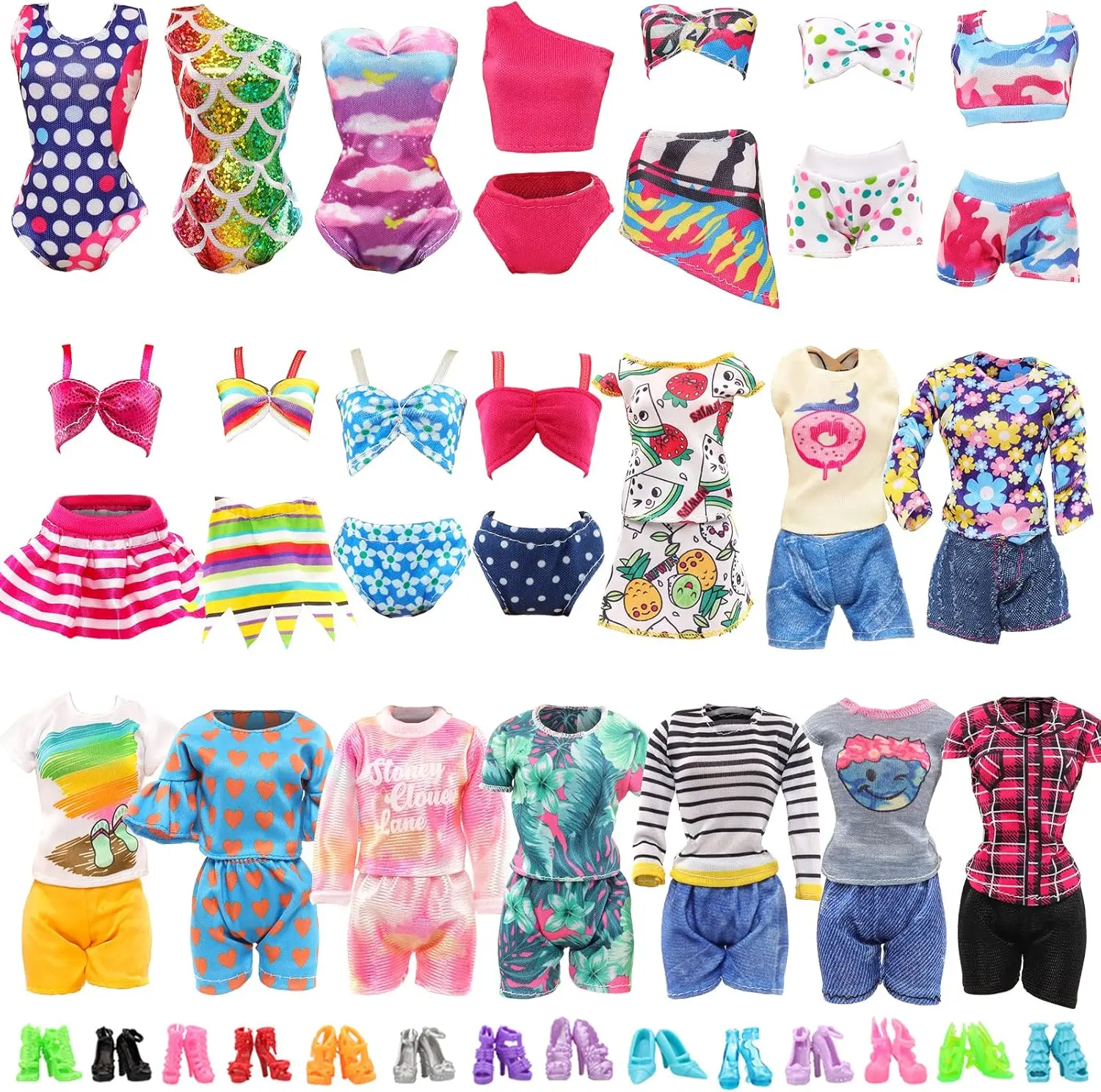 BARWA 10 Sets Doll Clothes Including 5 Bikini Swimsuits 5 Outfit Tops and Pants with 10 Shoes