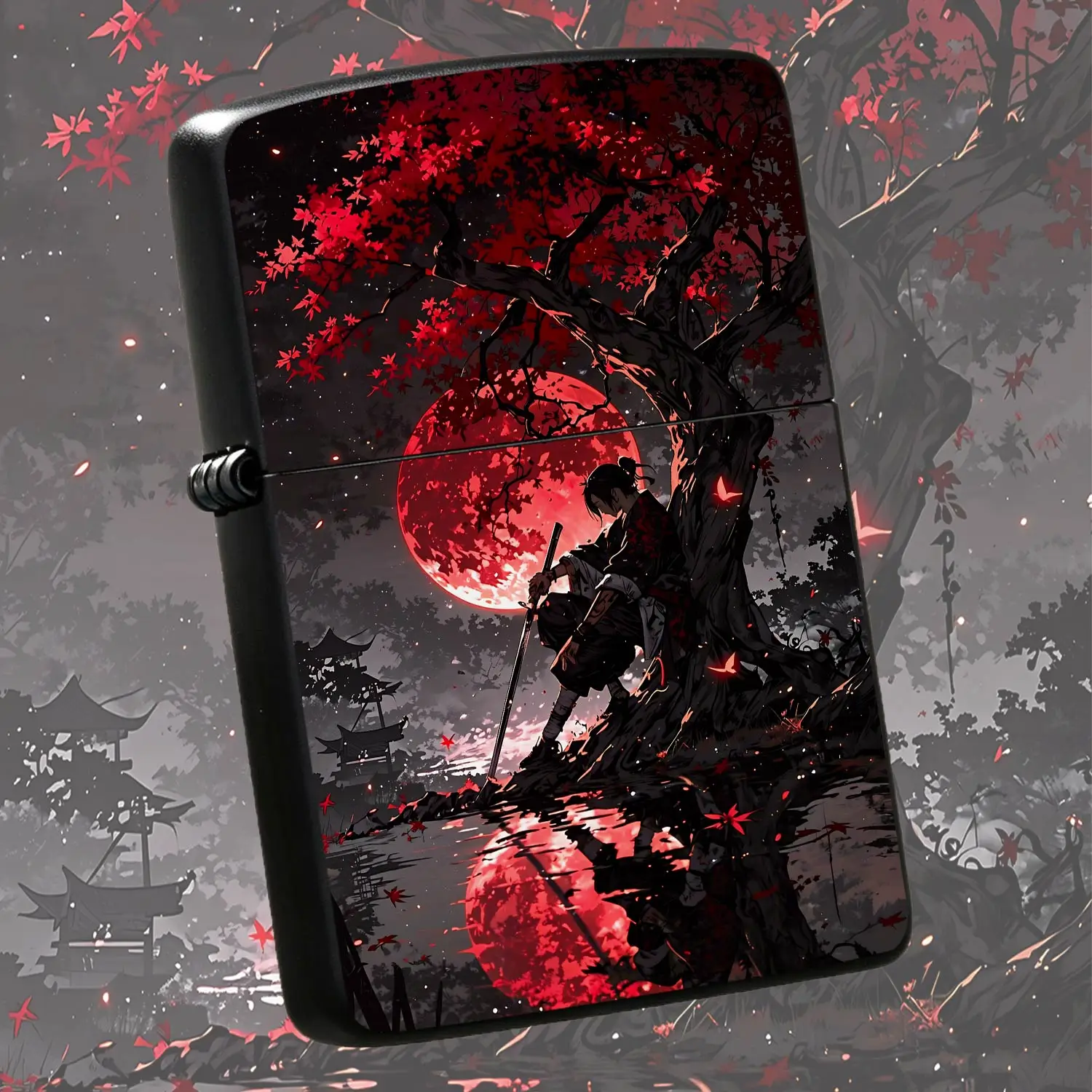 Japanese Samurai Under Red Maple Tree Blood Moon Pattern Lighter, Aesthetic Portable Igniter For Daily Outdoor Use, Unique Artistic Decorative Gift For Festival, Party, Travel And All Scenarios A Humorous And Interesting Lighter