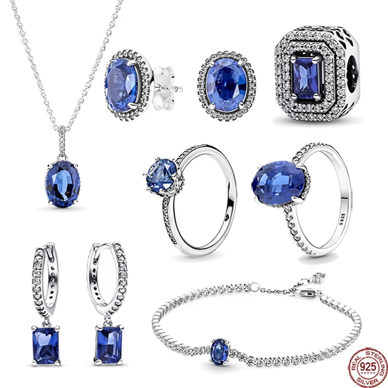 Bestseller 925 Sterling Zilveren Temperament Hoge Kwaliteit Blauwe Zirkoon Sieraden Set Charme Ketting Diy Prachtige Verjaardagscadeau