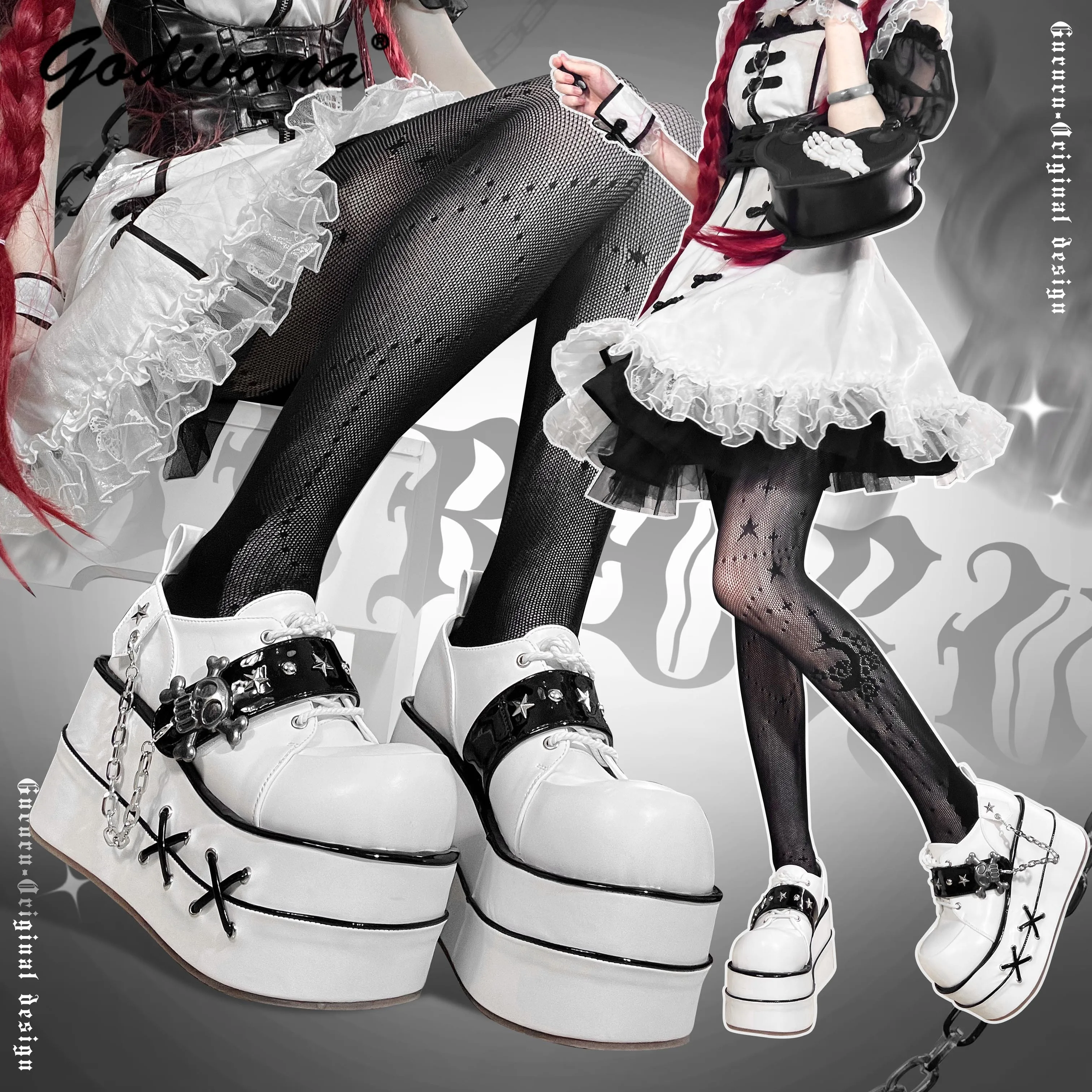 

Y2K Sub-Culture Cool Girls Pump Shoes New Original Punk Skull Female Girls Platform Shoes Thick Bottom Black Leather Shoes