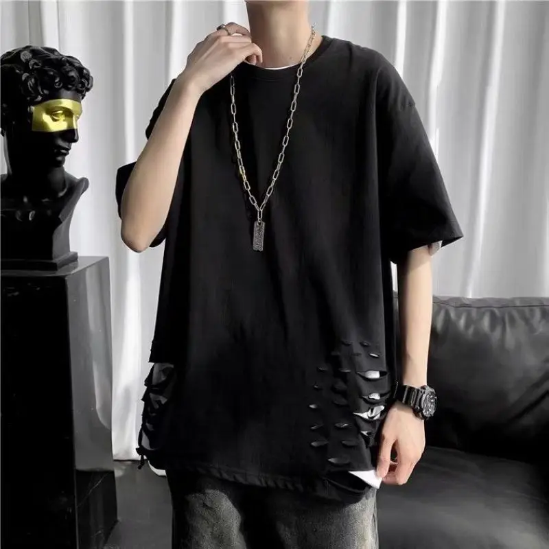 2024 Summer New Men's Minimalist Fashion Casual Loose Young Style Pullovers Crew Neck Solid Color Hole Half Sleeve T-shirt Tops