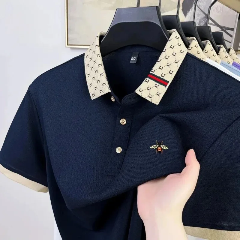 Leicht luxuriöses Marken-Poloshirt mit kurzen Ärmeln modische Bienen-Stickerei farblich abgesetzter Kragen T-Shirt Sommerneuheit lässige Herrenbekleidung – Detail 13