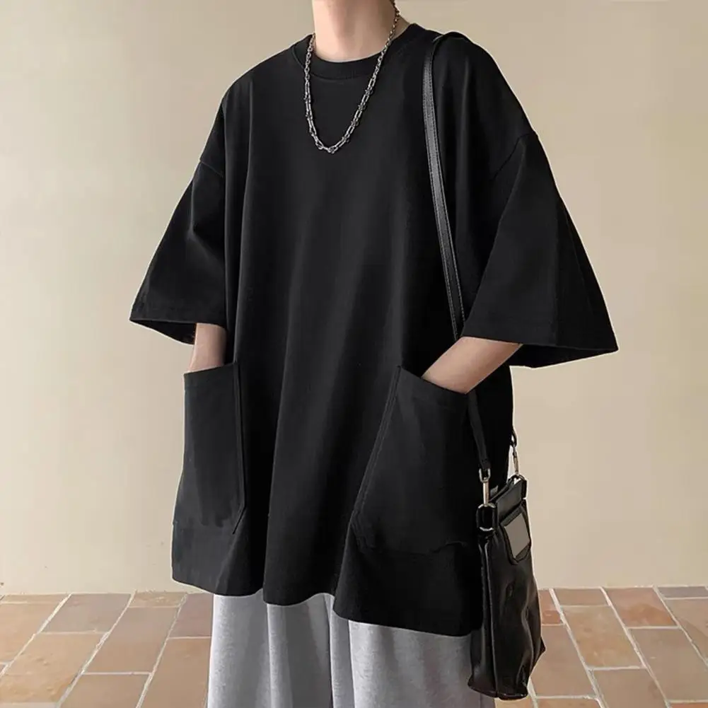 Youthful Men T-shirt Japanese Style Oversize Short Sleeve T-shirt Loose Solid Color Pockets Half Sleeves Male Tees Streetwear