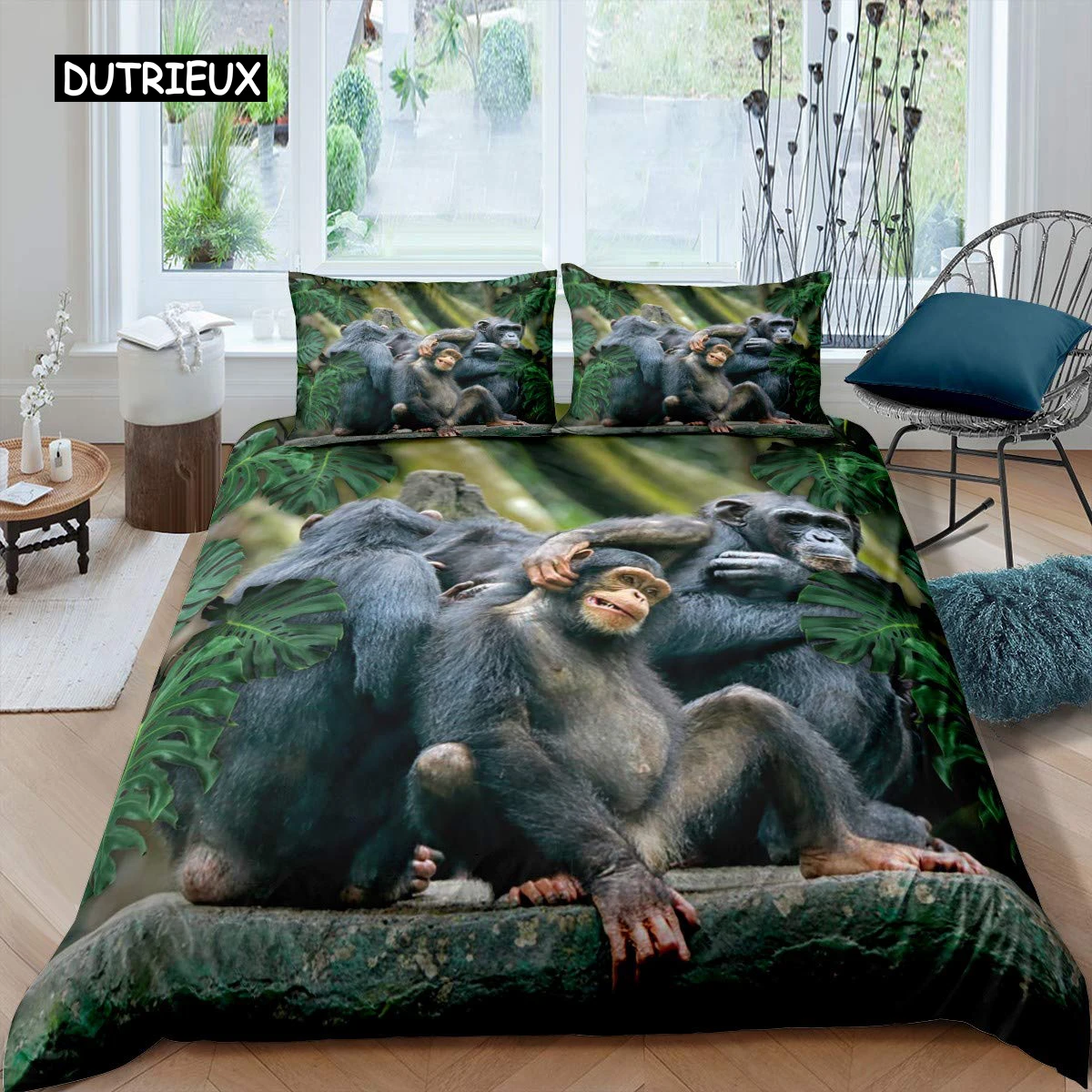 

Orangutan Duvet Cover Cute Monkey Bedding Set Polyester Palm Leaves Tropical Botanical Primitive Animal Comforter/Quilt Cover