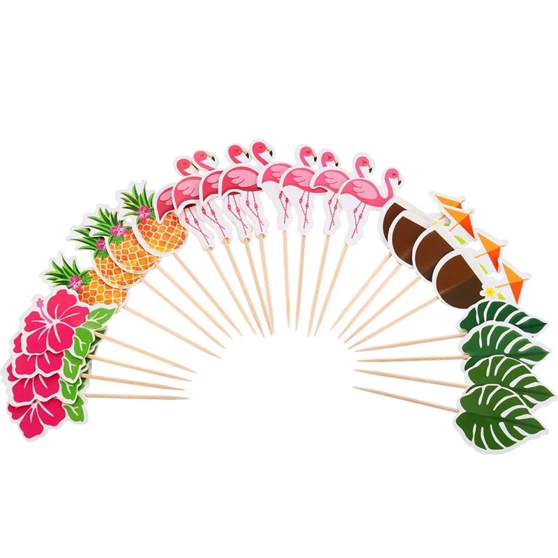 24Pcs Hawaiian Cupcake Toppers Flamingo Pineapple Palm Leaves Toothpicks Tropical Summer Beach Birthday Party Cake Decoration