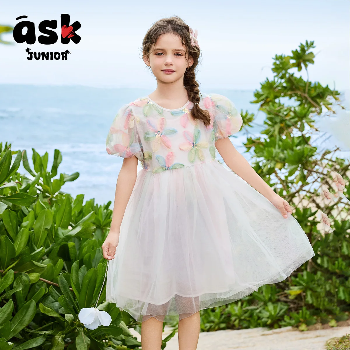 اسأل الفتيات الصغار فستان صيفي لون زهرة الأميرة شبكة اللباس فقاعة الأكمام طاقم الرقبة الأطفال عطلة اللباس الشاطئ #1