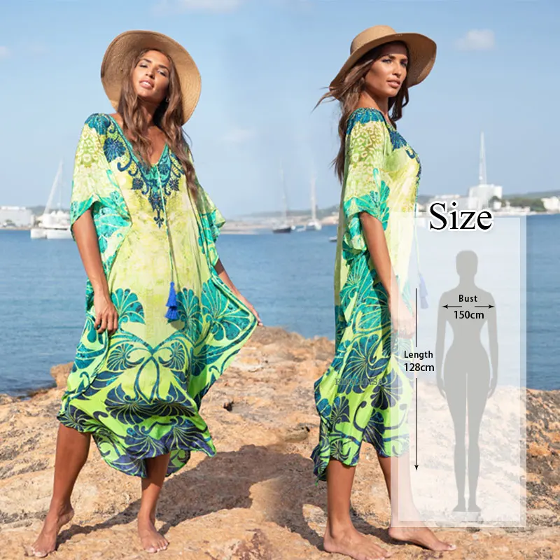 Elegancka długa damska osłona do Bikini w stylu Boho Kaftan Retro oversized strój letni odzież strój plażowy strój kąpielowy Q1490