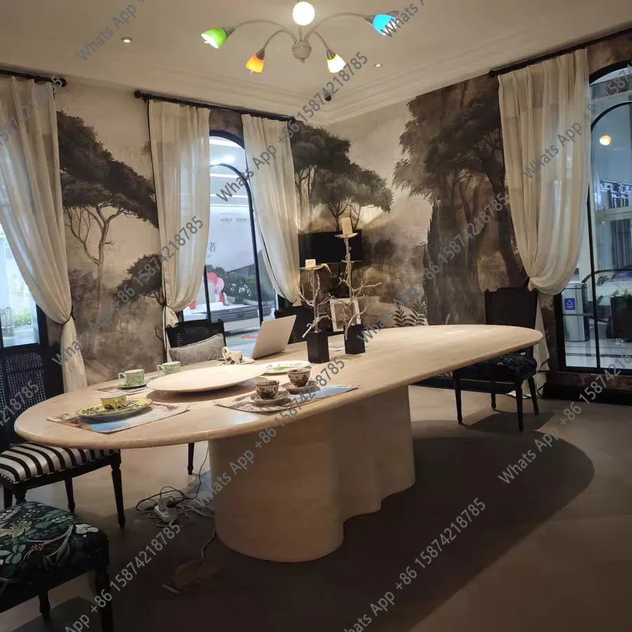 

Rt Marble Dining Table Natural Travertine French Medieval Cream Style Designer Villa Hotel Long Dining Table