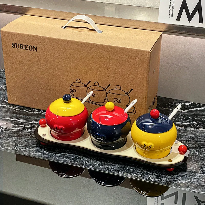 Ceramic Household Cute Condiment Box Condiment Jar Salt Jar Condiment Jar with Covered Kitchen Storage Utensils