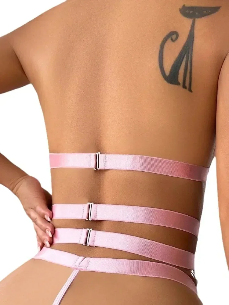 Conjunto de lencería para mujer, sujetador de cadena de acero con encaje de malla transparente, lencería sexy