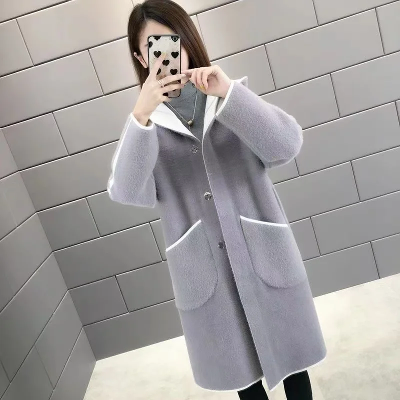 Womens Double Sided Wear Imitation Mink Overcoat Long Hooded Cardigan Sweater Coat Fall Winter Large Size Thicken Knitted Jacket