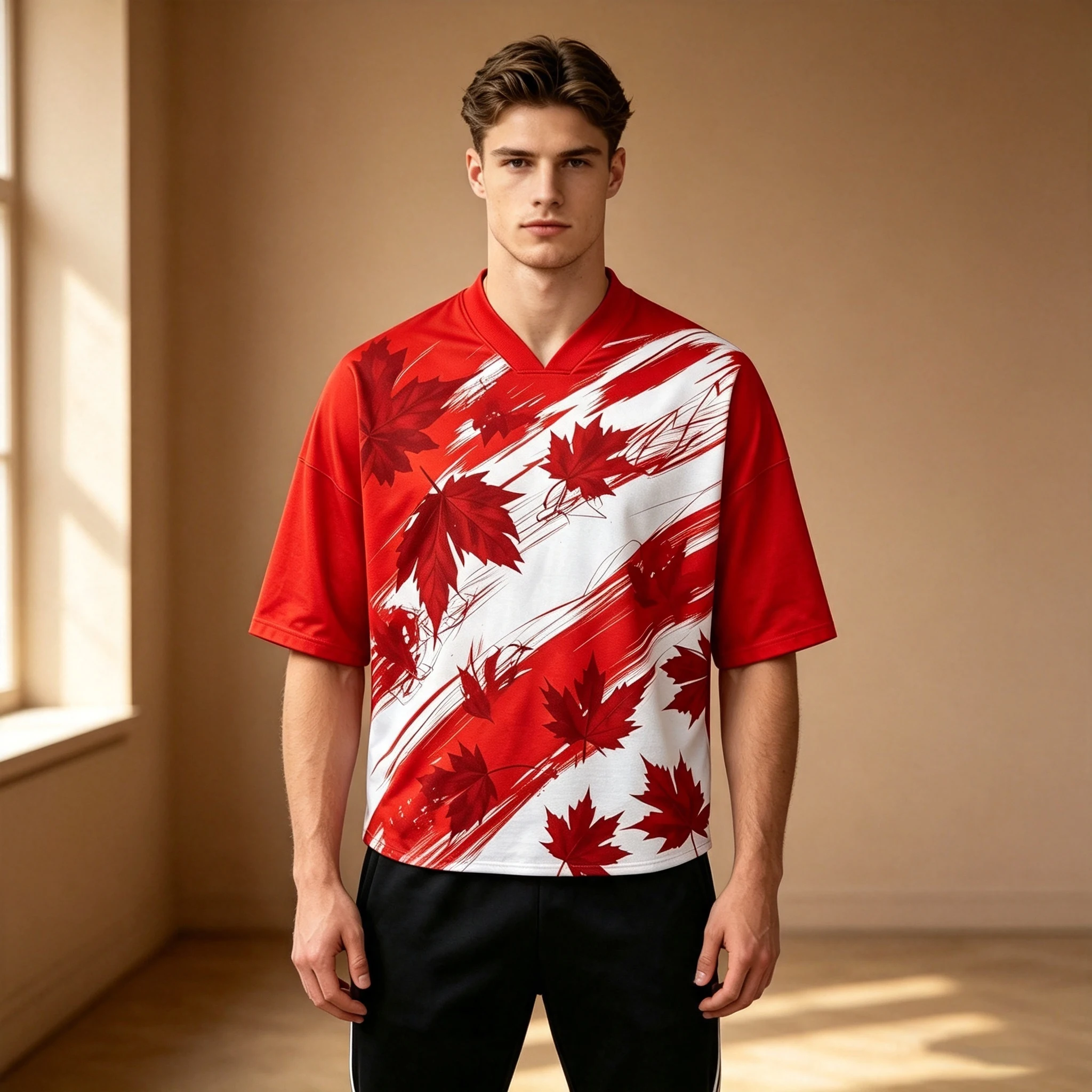 Men's Summer New Fashionable Red Dynamic Maple Leaf and Scattered Line Pattern Printed Short Sleeve Suitable for Daily Wearing