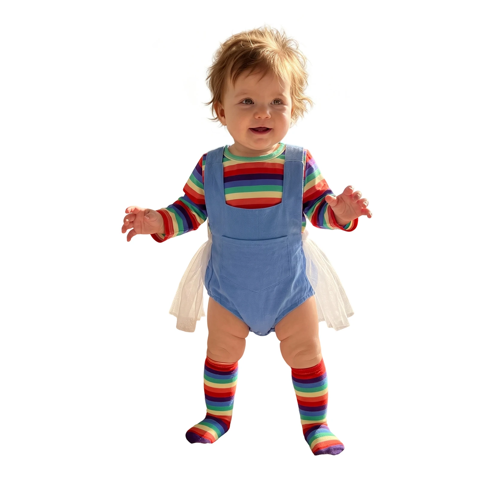 Baby Girl Fall Outfits Long Sleeve Rainbow Striped Bodysuit Skort Stockings