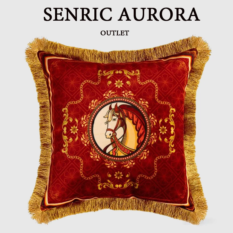 

Luxury American Style Retro Wine Red Cushion Cover Double Sided Horse Print Velvet Tassel Pillowcase For Sofa Living Room