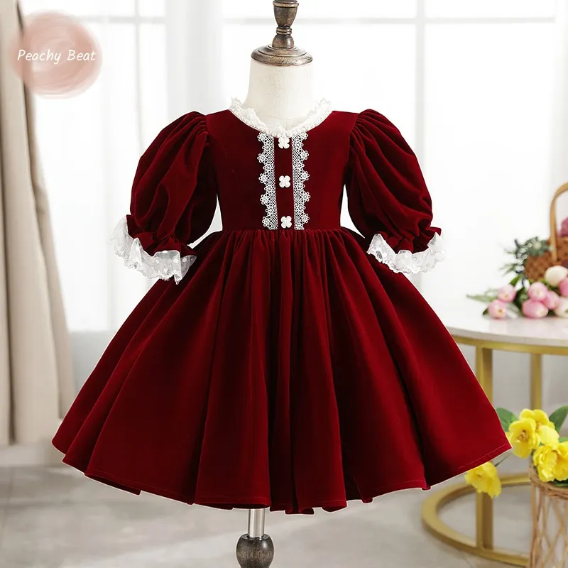 Baby Girl Princess Velvet Lace Dress Puffy Sleeve Elegant Child Vintage Vestido Xmas Party Pageant Birthday Baby Clothes 2-12Y