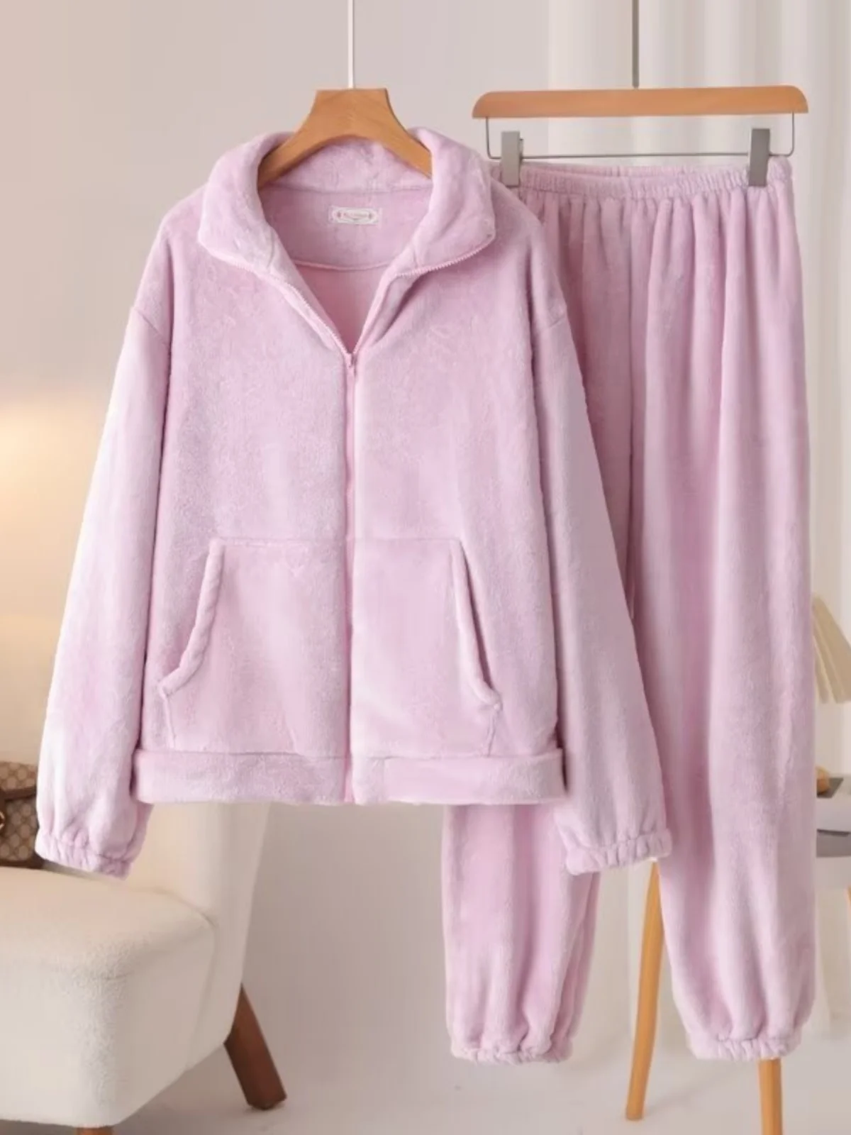 

plus Size Women's Sleepwear Winter Fleece Lined Warm Long Sleeve Zipper Set Loose Home Clothes Outerwear Set Polyester Fiber