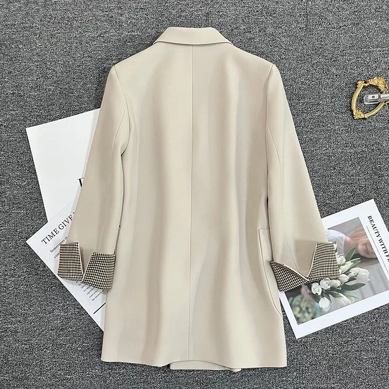 Beige Black Suit Casual Jacket Women Blazer Tops 2024 New Spring Autumn Korean Version Double-Breasted Suit Coat Casaco Feminino