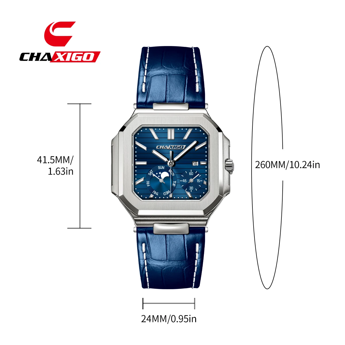 ساعة CHAXIGO للرجال فاخرة بمينا مربع وحزام جلدي 41.5 ملم 3ATM مقاومة للماء كوارتز للأعمال