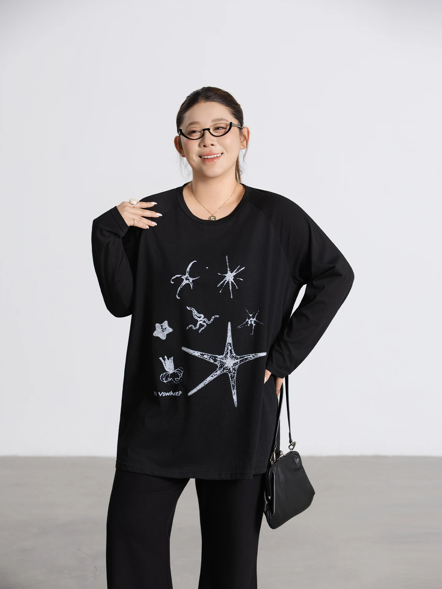 

plus Size Snowflake Cotton T-irt Women's Spring New Loose Fit Long Sve Printed Heat Rhinestone Casual Sle Faionable