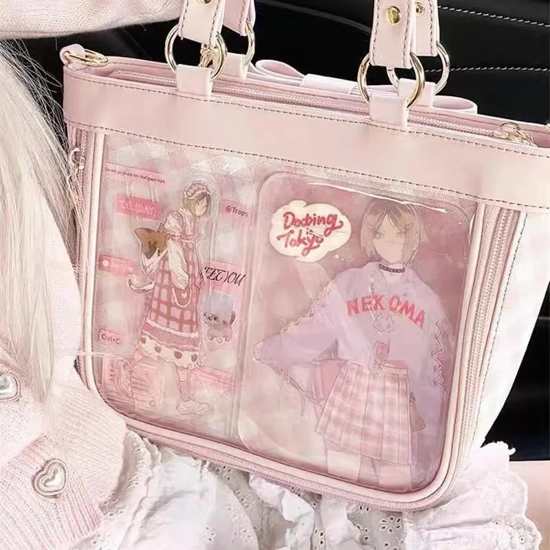 Xiuya Pink Sweet Shoulder Bag for Women Plaid Elegant Cute Large Capacity Ita Bag Lolita Transparent Fashion Cute New in Handbag