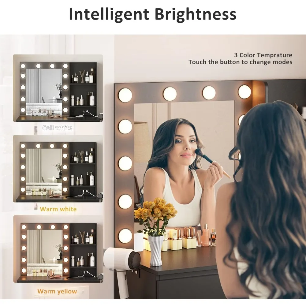 Makeup Vanity ,  with Power Strip, 4 Drawers, Lighted Mirror, 3 Lighting Colors