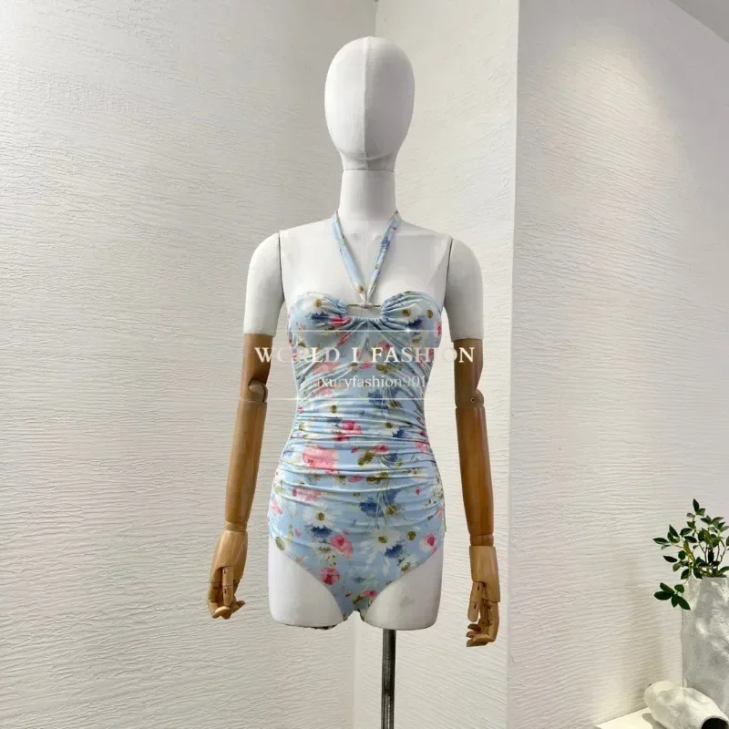 

High Quality Beach Style 2025 New Blue Floral Print Halter Pleat Backless Swimwear for Holiday