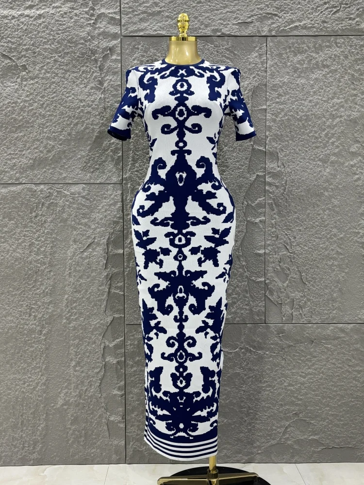 

Top Quality Women Short Sleeve Sexy Blue Jacquard Bodycon Long Bandage Dress Elegant Evening Party Occation Office Wear
