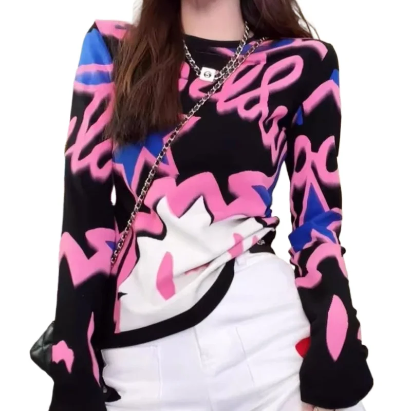 

Европейская жареная уличная весна, осень, новый нишевый дизайн, модная универсальная рубашка с узким низом и принтом для тяжелой промышленности Tide