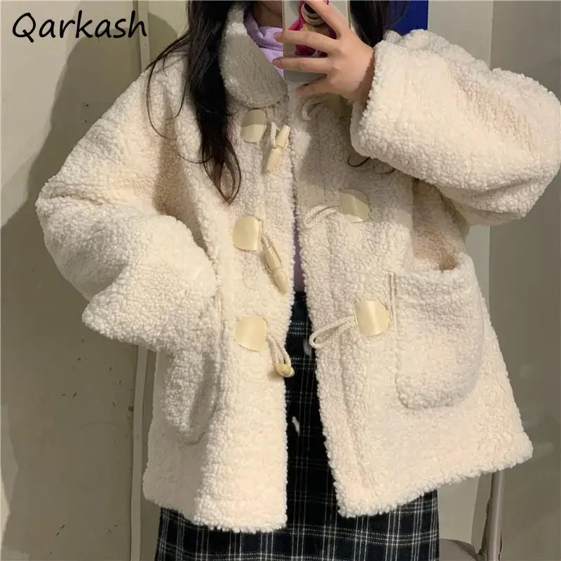 Basic Jackets Women Horn Button Solid Loose Warm Autumn Japan Style Students Sweet Tender Cute Simple Outwear Popular Femme New