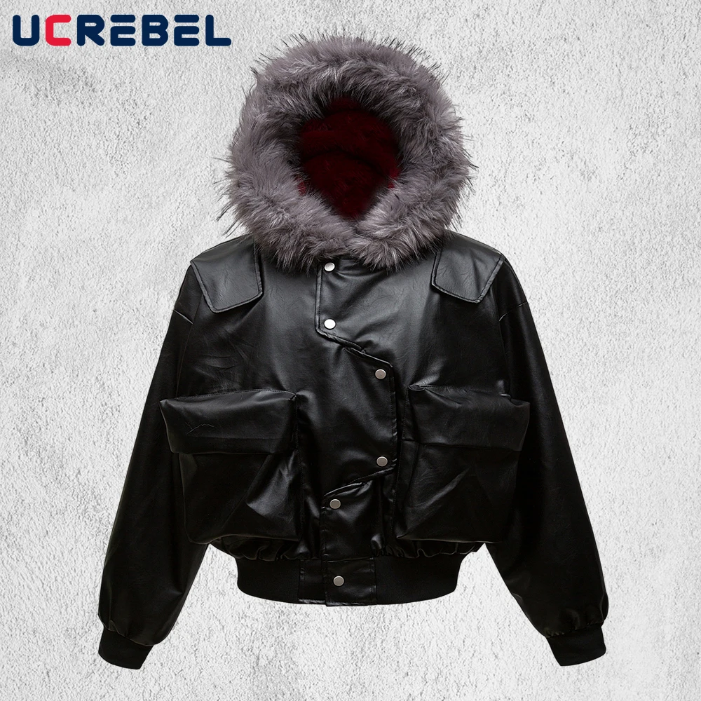 PU Leather Hooded Quilted Jacket Mens Winter Big Pocket Fur Collar Long Sleeve Thick Outerwear Man