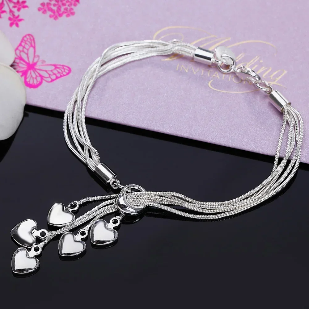 925 Sterling Silver Beautiful Tassel Hanging Heart Snake Chain Bracelet for Woman Wedding Party Gifts Fashion Jewelry
