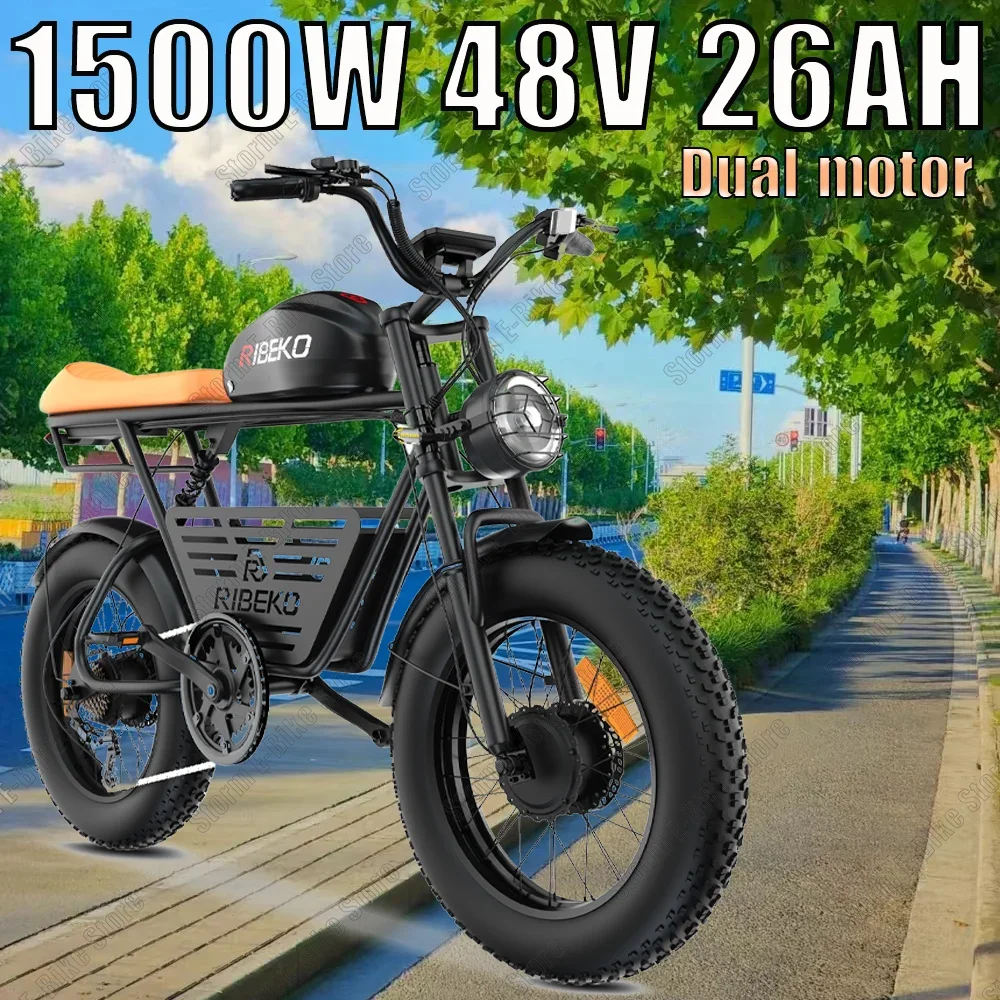 All-terrain Electric bicycle1500W Dual Motor 48V26AH Battery Mountain Electric Bike 20*4.0 Tire  50KM/H Urban Commuter E-bicycle