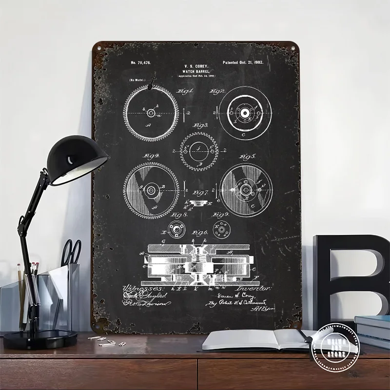 1902 Watch Barrel - Patent Drawing Poster Retro 3D Printed Metal Signs Customized Wall Hanging Gift for Bedroom Decorations Art