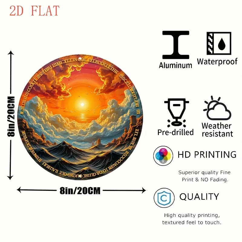 2D Flat - 2D Plane - Artistic Round Aluminum Wall Decoration, Depicting an 8-Inch Ocean Sunset Scene, Including Waves And Clouds