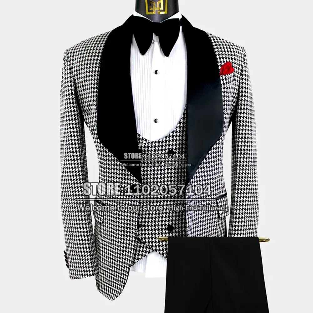 

Autumn/Winter Business Men Suits 3 Pieces Formal Jacket+Vest+Pants Slim Fit Houndstooth Tweed Wollen Black Laepl Costume Homme