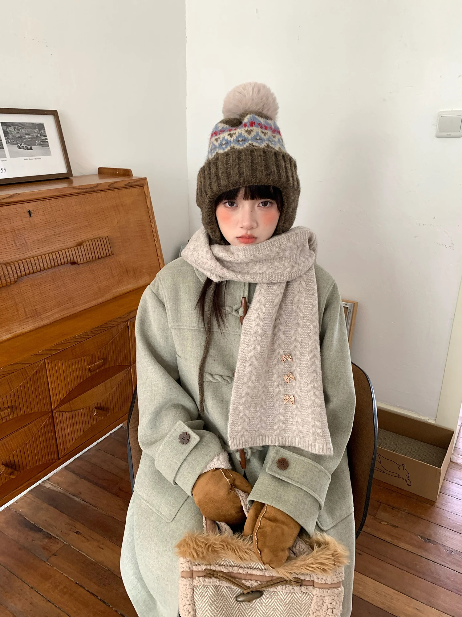 

Hey an Nai Nai Thiened Woolen Coat een Horn Button Women Winter Cotton Sandwich Loose Vintage Medium Length Jaet