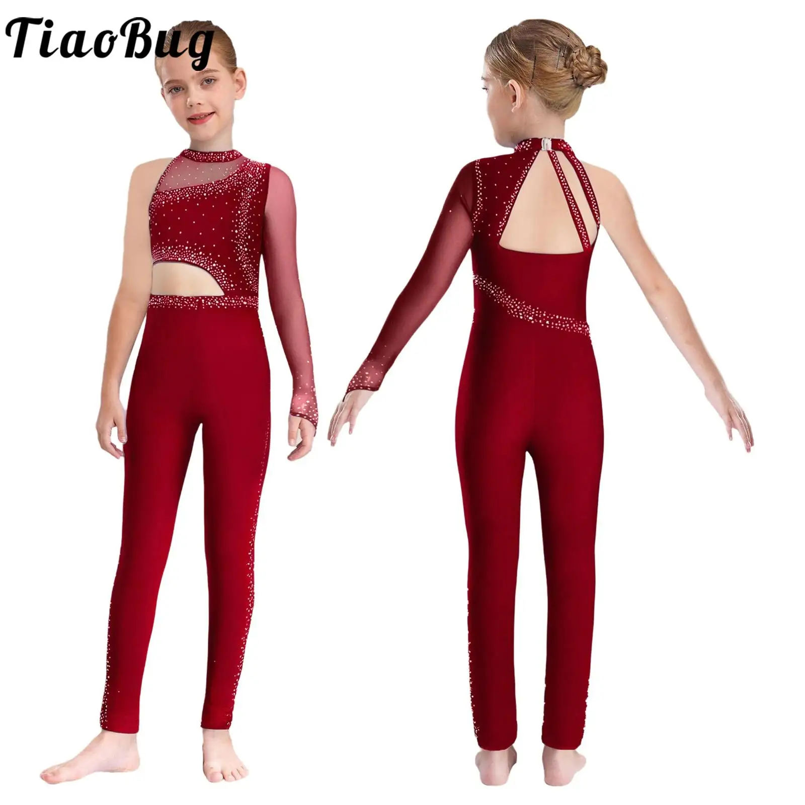 Children Girls Shiny Rhinestone Figure Skating Gymnastics Leotard One-shoulder Ballet Dance Acrobatics Yoga Workout Bodysuit