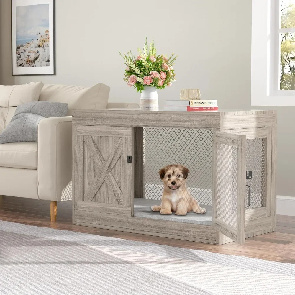 Corner Dog Crate Furniture with Double Doors, Wooden Dog Kennel End Table Indoor with Mesh, Cage/House