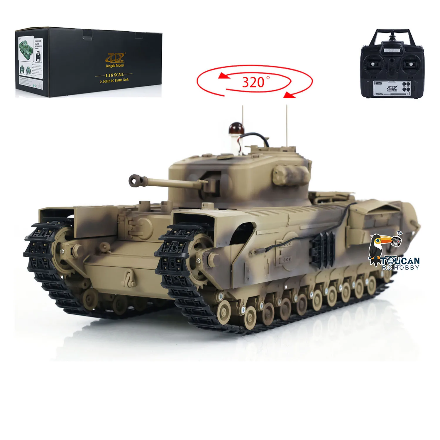 Tongde 1/16 RTR Churchill Mk.VII دبابة مع جهاز للتحكم عن بُعد مسارات معدنية الأشعة تحت الحمراء نموذج معركة لعب تجربة قتالية واقعية للأطفال