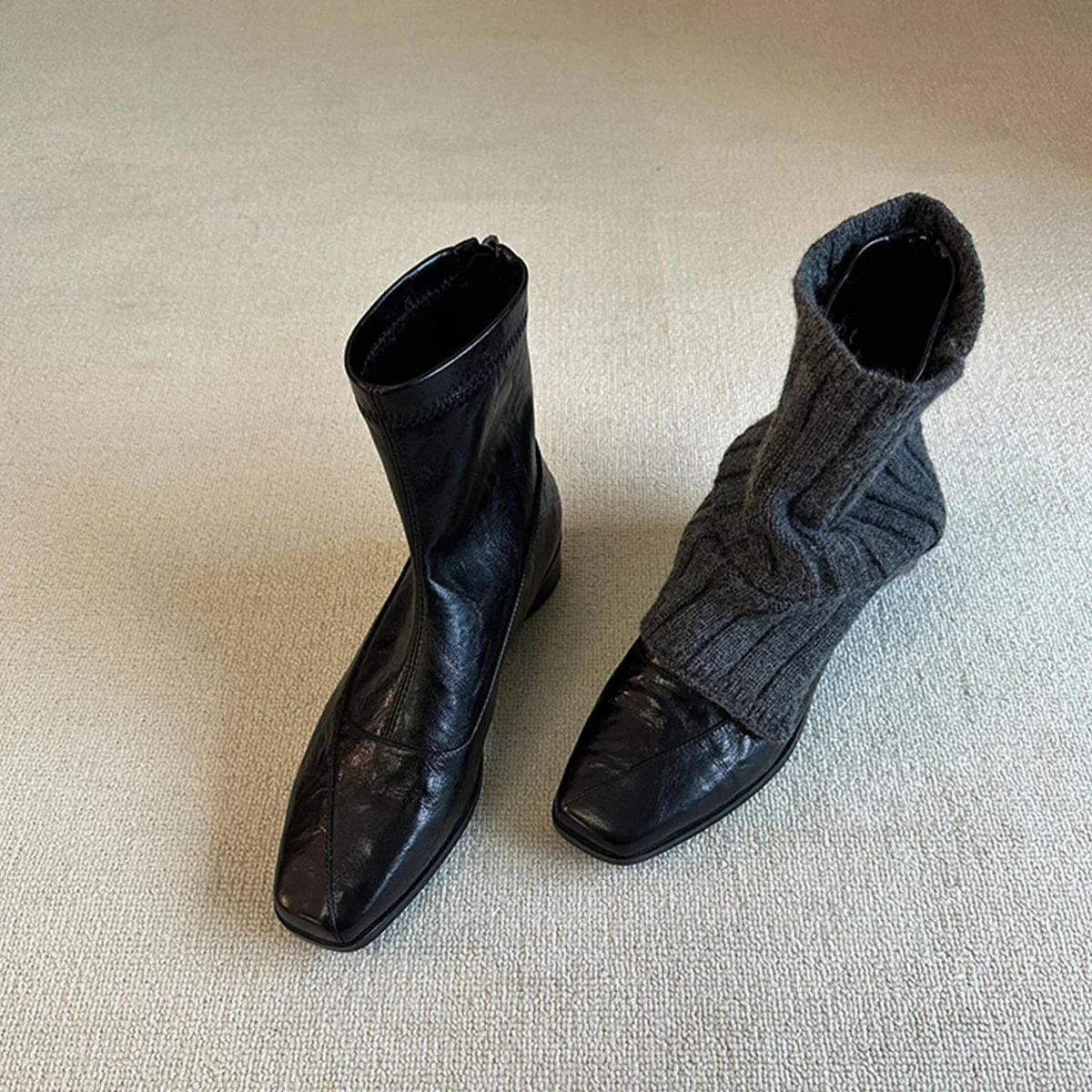 

Женские ботинки 2026: короткие сапоги с квадратным носком, ретро-стиль, на молнии сзади, эластичные, облегающие