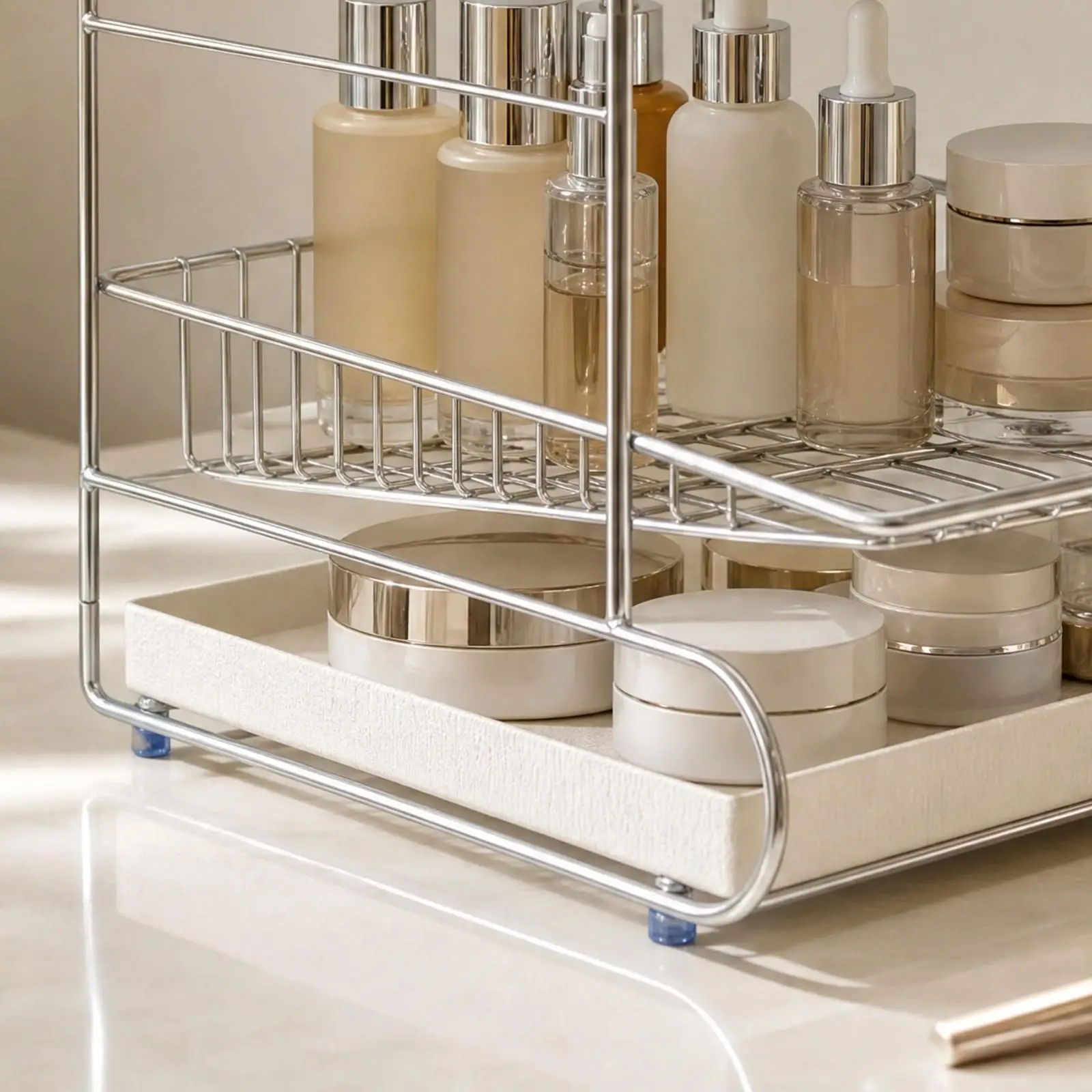 Elegant Desktop Organizer Rack Wire Frame Construction for Makeup Brushes Toiletries and Small Items on Dressing Table